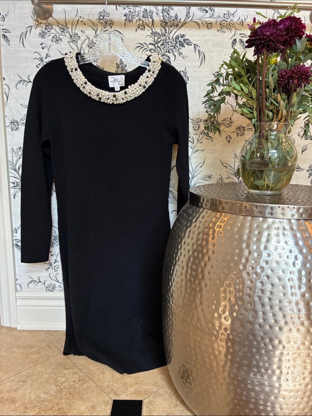 Milly of New York Black Midi Dress with Pearl Collar